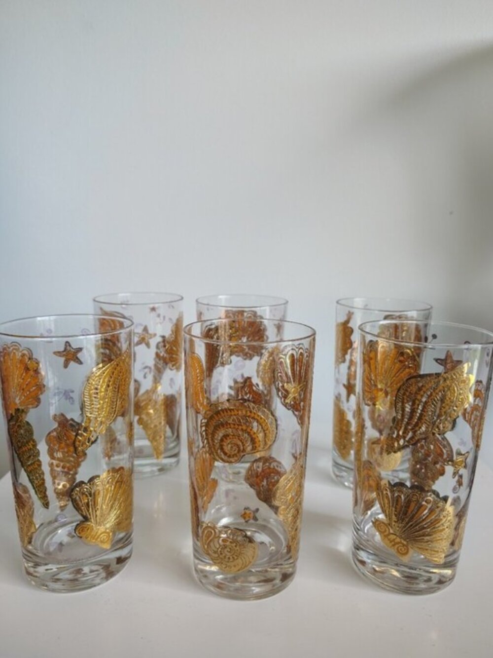 Culver Vintage Mid-Century Seashells 22K Gold Gilt Highball Glasses Set of 6 - Picture 2 of 8